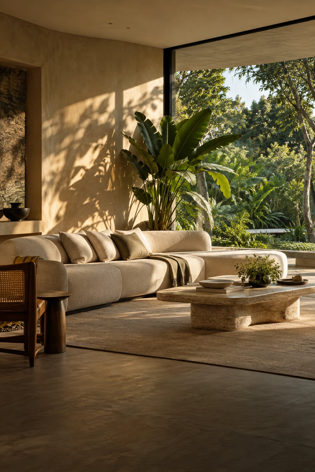 Sala contemporânea com sofá de linho, pedra natural e luz do jardim