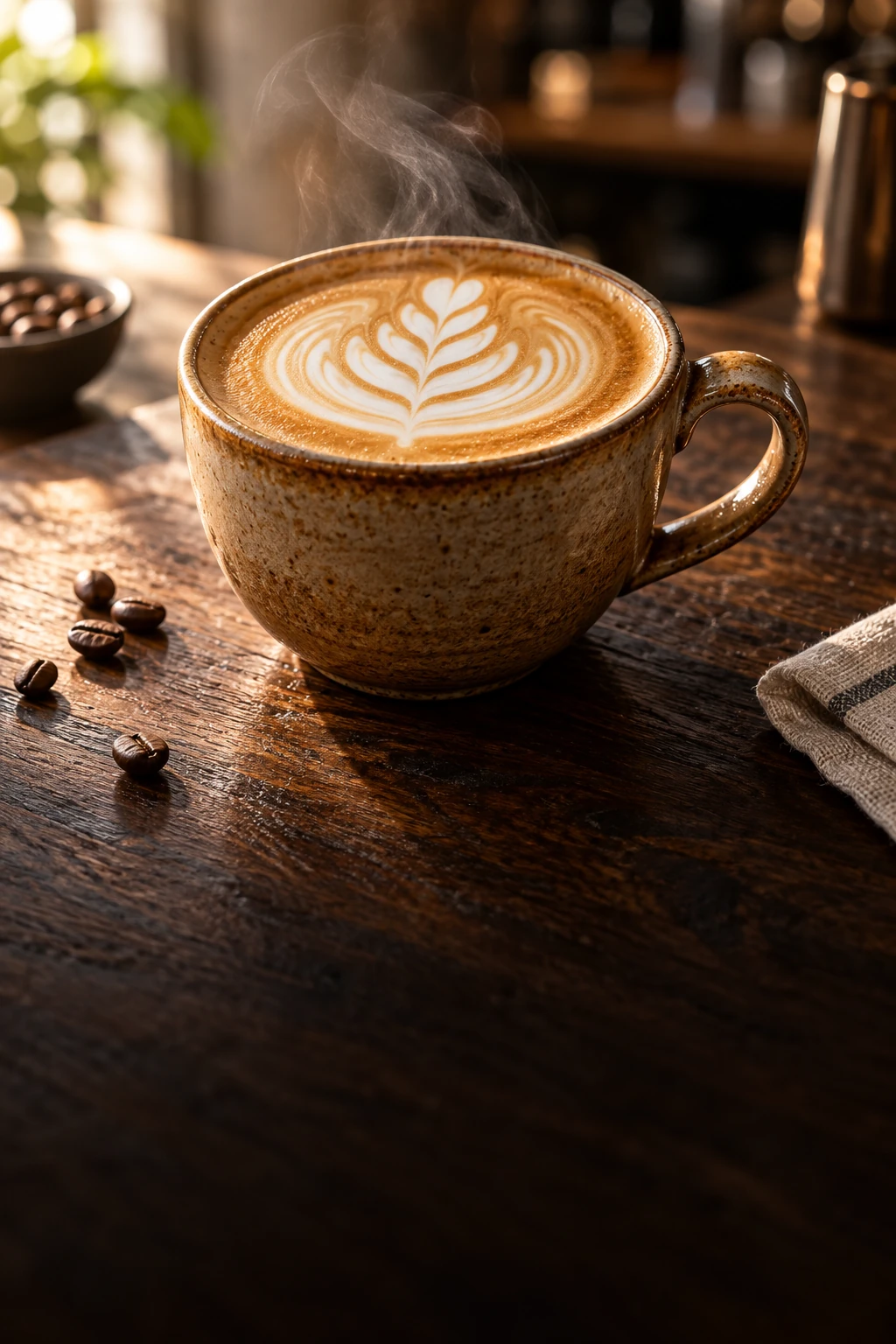 Café com latte art e vapor em uma xícara de cerâmica artesanal