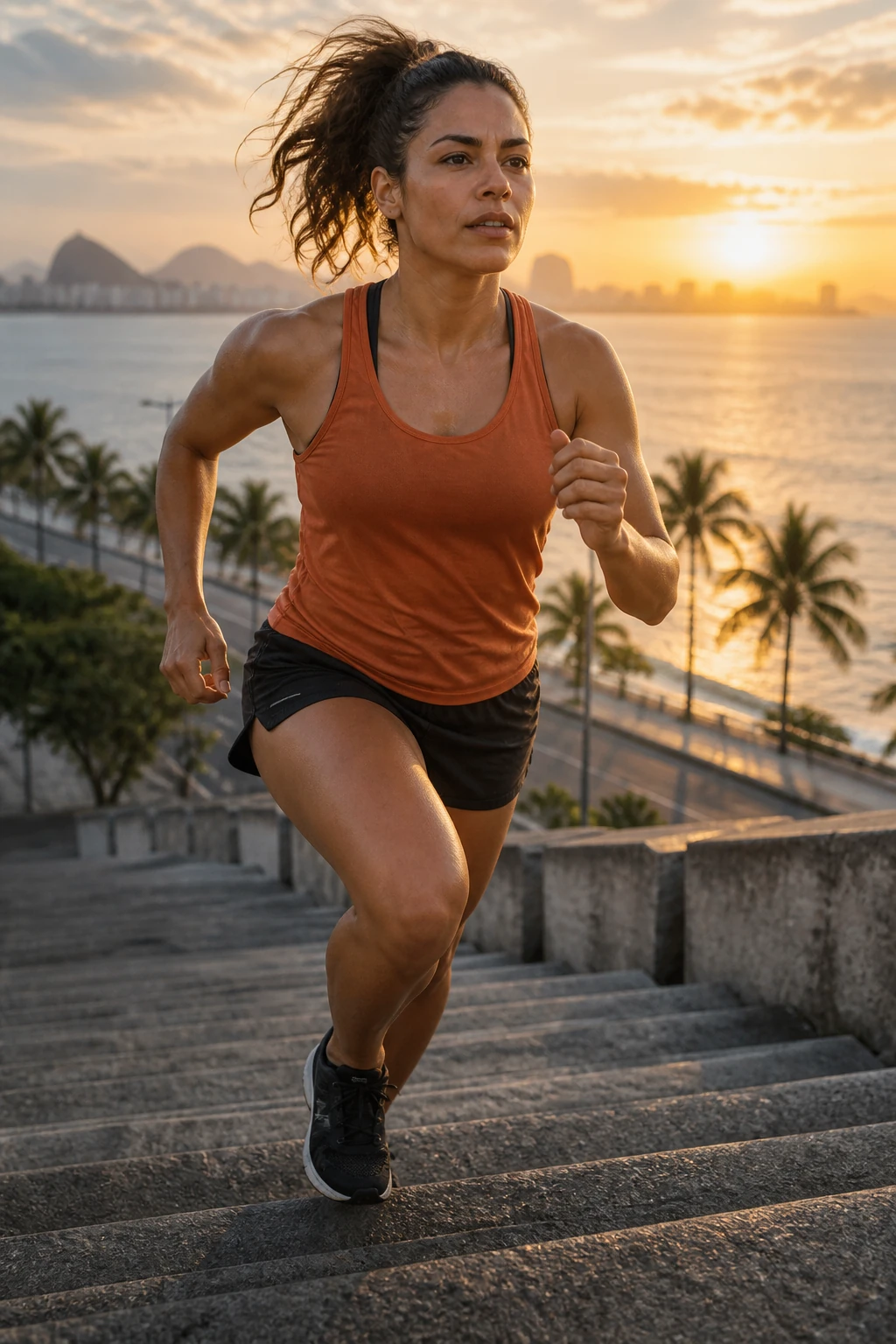 Atleta subindo uma escadaria ao ar livre sob a luz do nascer do sol