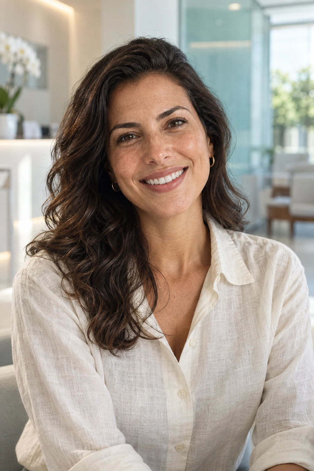 Mulher sorrindo em um ambiente acolhedor de clínica odontológica