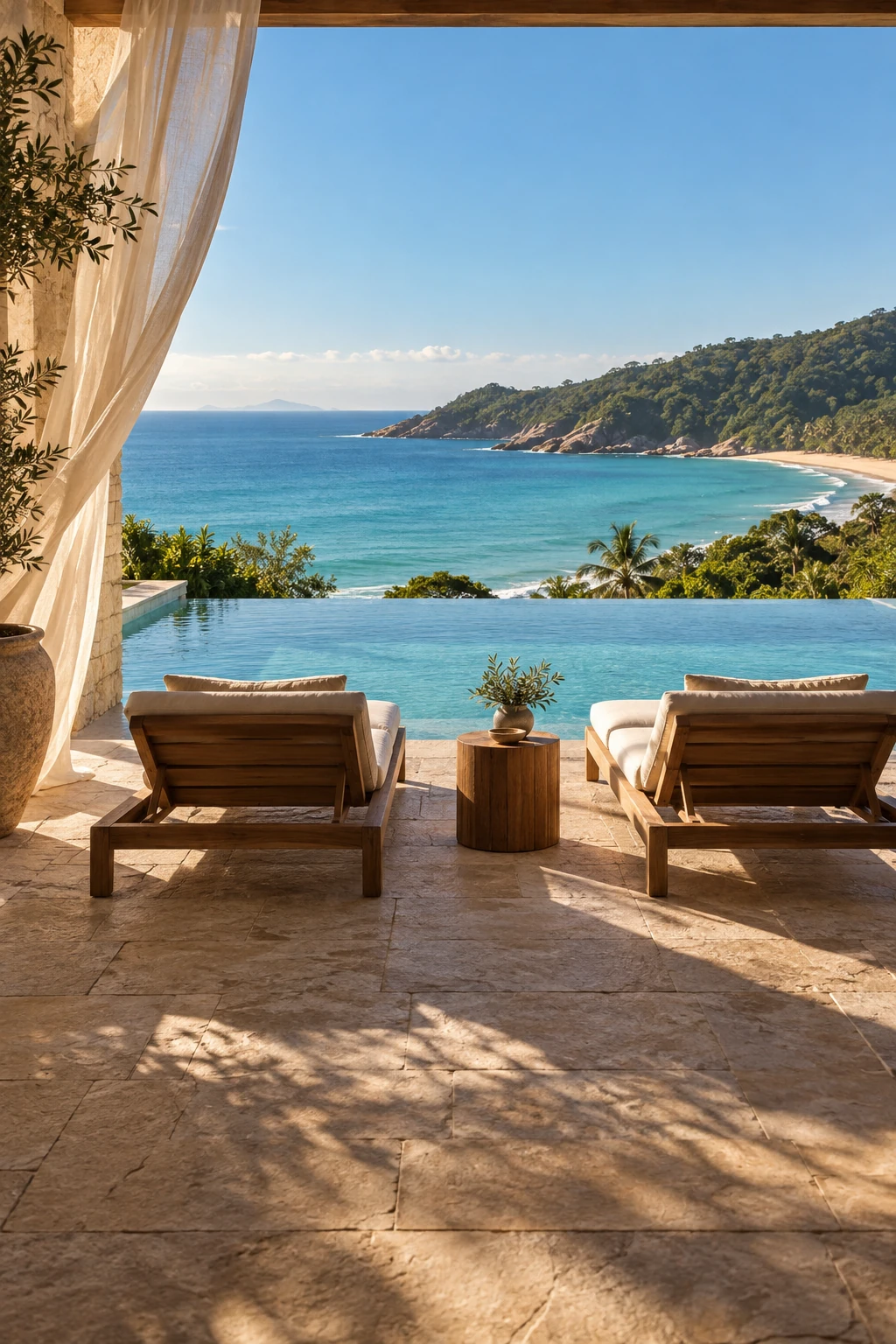Terraço de hotel com piscina de borda infinita e vista para o mar